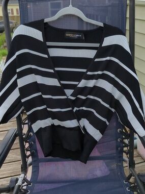 Gabrielle Union Black & White Striped V-Neck Wrap Sweater